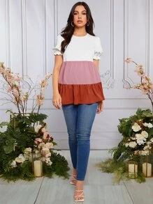 SHEIN Maternity Puff Sleeve Colourblock Peplum Top - Multicolor - View 5