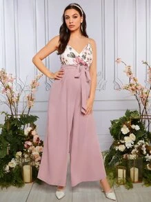 SHEIN 孕婦印花腰帶吊帶連體褲 - 淺粉色 - 查看 3