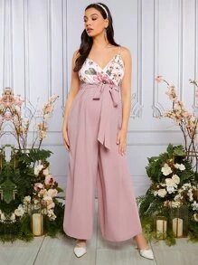 SHEIN 孕婦印花腰帶吊帶連體褲 - 淺粉色 - 查看 4