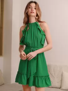 SHEIN Frenchy Ruffle Trim Belted Halter Dress - Green - View 1