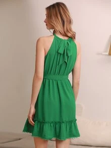 SHEIN Frenchy Ruffle Trim Belted Halter Dress - Green - View 2