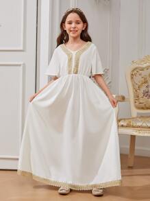 女孩拼接織帶細節連衣裙 - 白色 - 查看 4