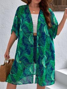 SHEIN VCAY Plus Tropical Print Batwing Sleeve Kimono - Multicolor - View 3
