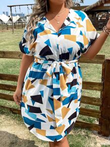 SHEIN LUNE Plus Geo Print Batwing Sleeve Belted Dress - Multicolor - View 3