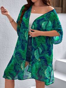 SHEIN VCAY Plus Tropical Print Batwing Sleeve Kimono - Multicolor - View 5