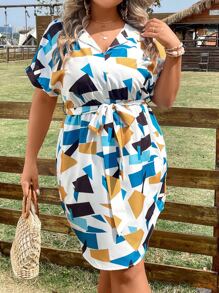 SHEIN LUNE Plus Geo Print Batwing Sleeve Belted Dress - Multicolor - View 5