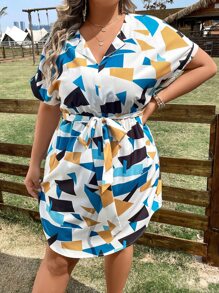 SHEIN LUNE Plus Geo Print Batwing Sleeve Belted Dress - Multicolor - View 6