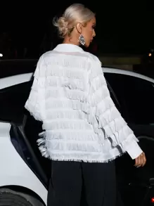 SHEIN Privé Fringe Trim Button Front Shirt - White - View 2