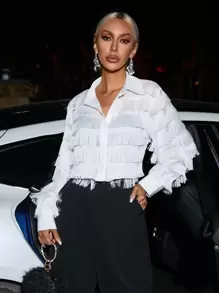 SHEIN Privé Fringe Trim Button Front Shirt - White - View 5