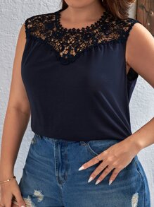 SHEIN LUNE Hơn Ren Guipure Yoke Áo ba lỗ - Màu xanh hải quân - Xem 4