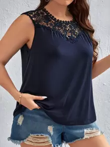 SHEIN LUNE Hơn Ren Guipure Yoke Áo ba lỗ - Màu xanh hải quân - Xem 1
