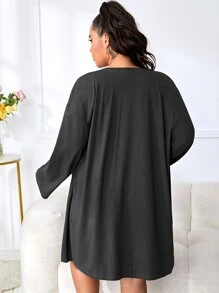 Plus Solid Cami Top & Shorts & Robe PJ Set - Black - View 2