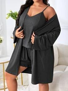Plus Solid Cami Top & Shorts & Robe PJ Set - Black - View 1