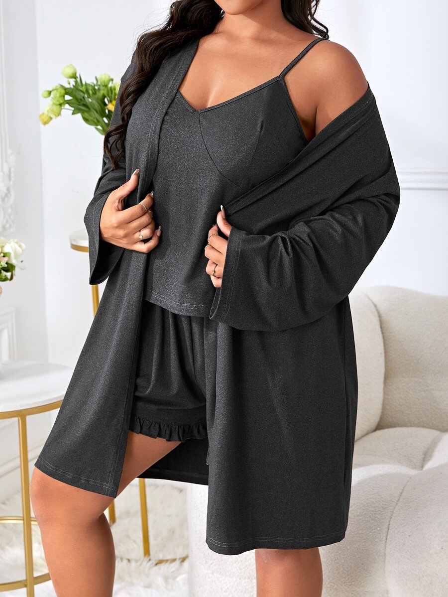 Plus Solid Cami Top & Shorts & Robe PJ Set - Black - View 1