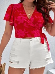 SHEIN VCAY 大碼印花側打結圍裹女士襯衫 - 彩色 - 查看 1