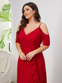 Plus Size Bridesmaid Dresses Memotong Ruffle Split Zip Plain - Merah - View 3