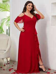 Plus Size Bridesmaid Dresses Memotong Ruffle Split Zip Plain - Merah - View 4