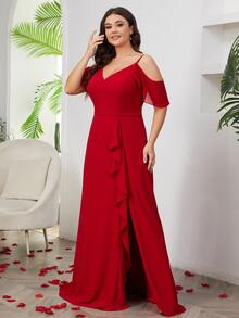 Plus Size Bridesmaid Dresses Memotong Ruffle Split Zip Plain - Merah - View 6