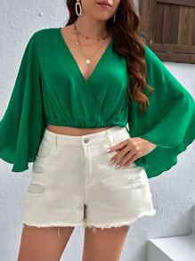 SHEIN VCAY Plus Surplice Neck Trumpet Sleeve Crop Blouse - Green - View 3