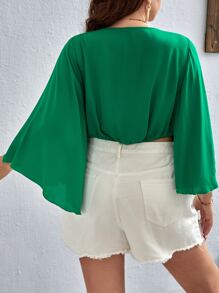 SHEIN VCAY Plus Surplice Neck Trumpet Sleeve Crop Blouse - Green - View 2