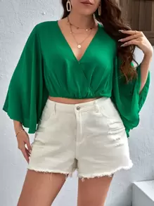 SHEIN VCAY Plus Surplice Neck Trumpet Sleeve Crop Blouse - Green - View 1