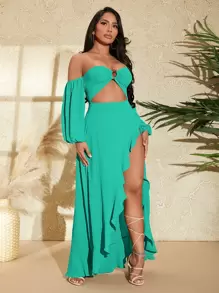 SHEIN SXY 一字肩環鏈鏤空燈籠袖荷葉邊高衩洋裝 - 薄荷藍 - 查看 3