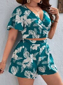 SHEIN VCAY 大碼熱帶圖案蝴蝶袖短款上衣和短褲 - 彩色 - 查看 3