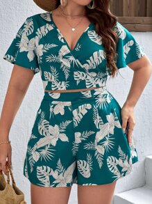 SHEIN VCAY 大碼熱帶圖案蝴蝶袖短款上衣和短褲 - 彩色 - 查看 4