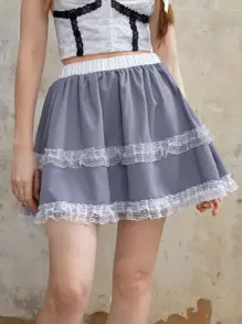 SHEIN Unity Contrast Lace Frill Trim Skirt - Dusty Purple - View 1