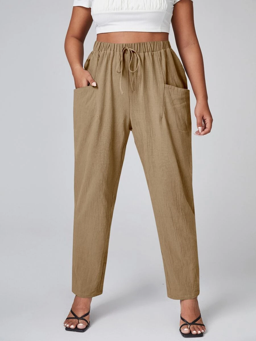 SHEIN LUNE Plus Drawstring Waist Pocket Patched Trousers - Khaki - View 1