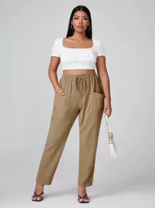 SHEIN LUNE Plus Drawstring Waist Pocket Patched Trousers - Khaki - View 4