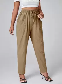 SHEIN LUNE Plus Drawstring Waist Pocket Patched Trousers - Khaki - View 5