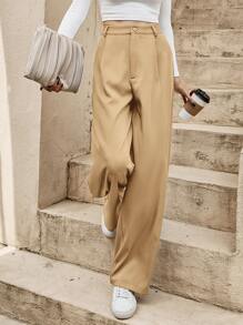SHEIN Frenchy 高腰闊腿褲 - 卡其色 - 查看 1
