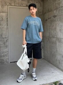 DAZY Men Cotton Letter Graphic Drop Shoulder Tee - Dusty Blue - View 4