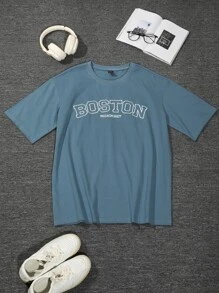 DAZY Men Cotton Letter Graphic Drop Shoulder Tee - Dusty Blue - View 5