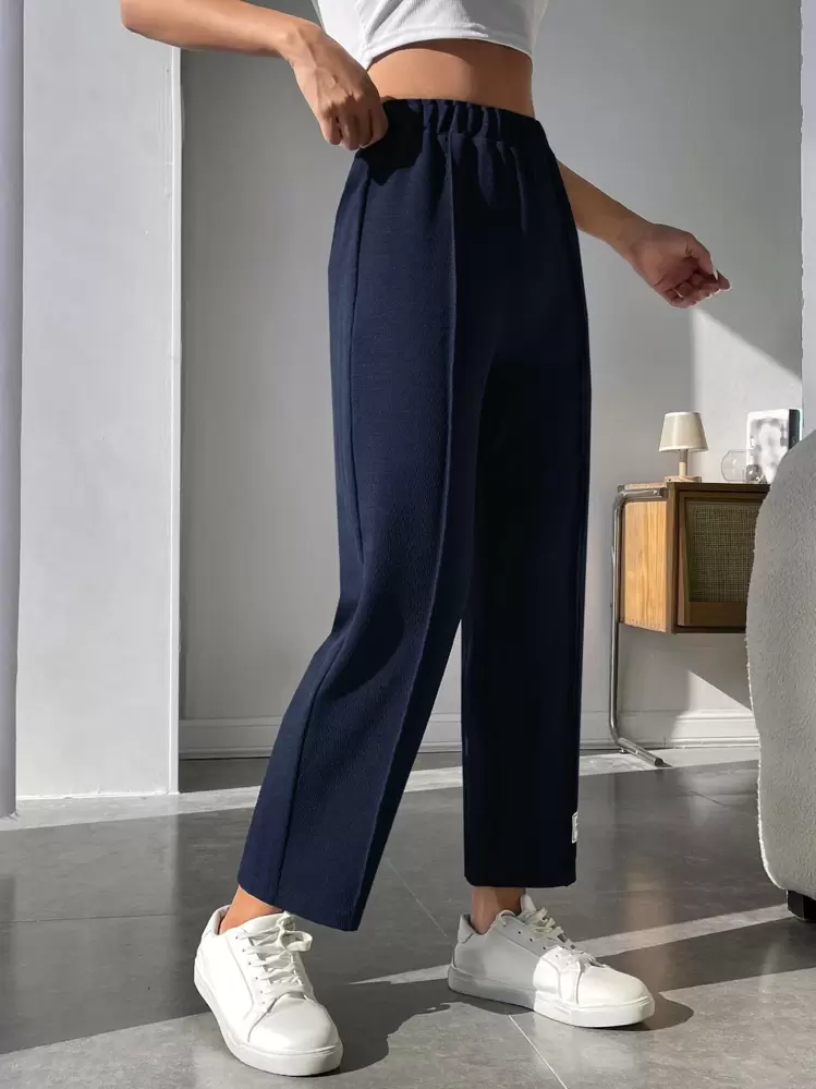 SHEIN PETITE กางเกงขายาว รายละเอียด แพทช์ตัวอักษร ตะเข็บ รายละเอียด - สีกรมท่า - ดู 5