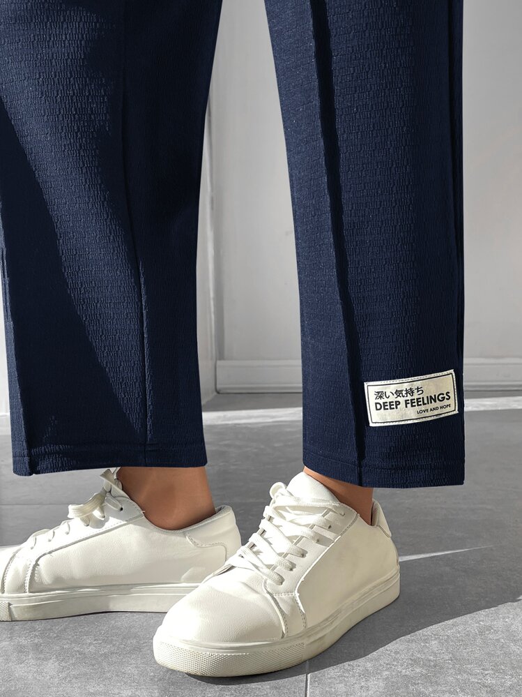 SHEIN PETITE กางเกงขายาว รายละเอียด แพทช์ตัวอักษร ตะเข็บ รายละเอียด - สีกรมท่า - ดู 6