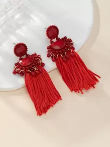 Bead & Geometric Decor Metal Tassel Drop Earrings - Red - View 1