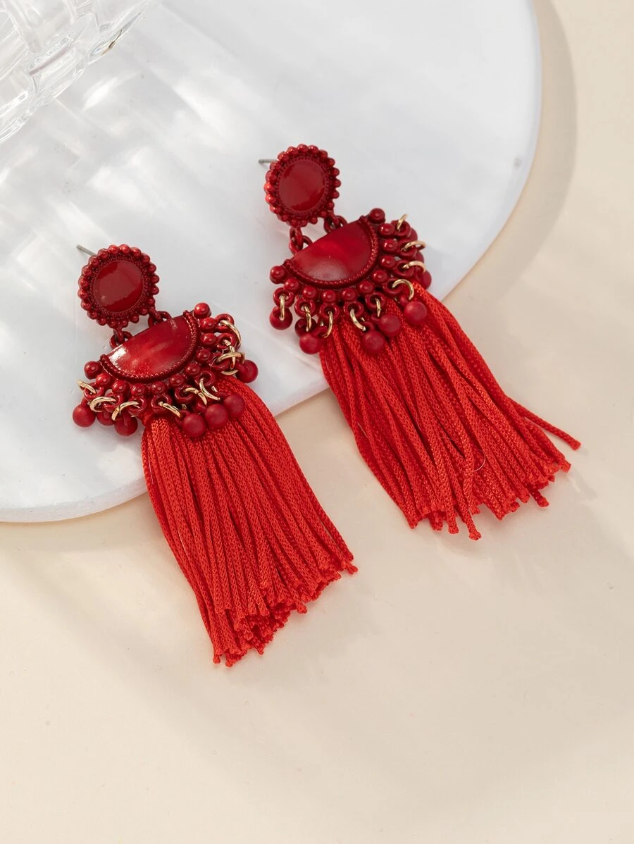 Bead & Geometric Decor Metal Tassel Drop Earrings - Red - View 1