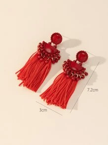 Bead & Geometric Decor Metal Tassel Drop Earrings - Red - View 3