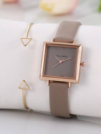 1pc Square Pointer Quartz Watch & 1pc Bracelet