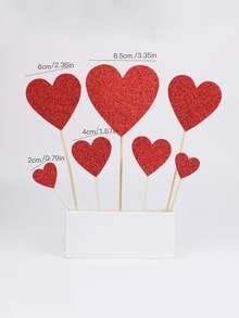 7pcs Heart Design Cake Topper, Simple Glitter Detail Cake Top Decoration For Party - Red - View 2