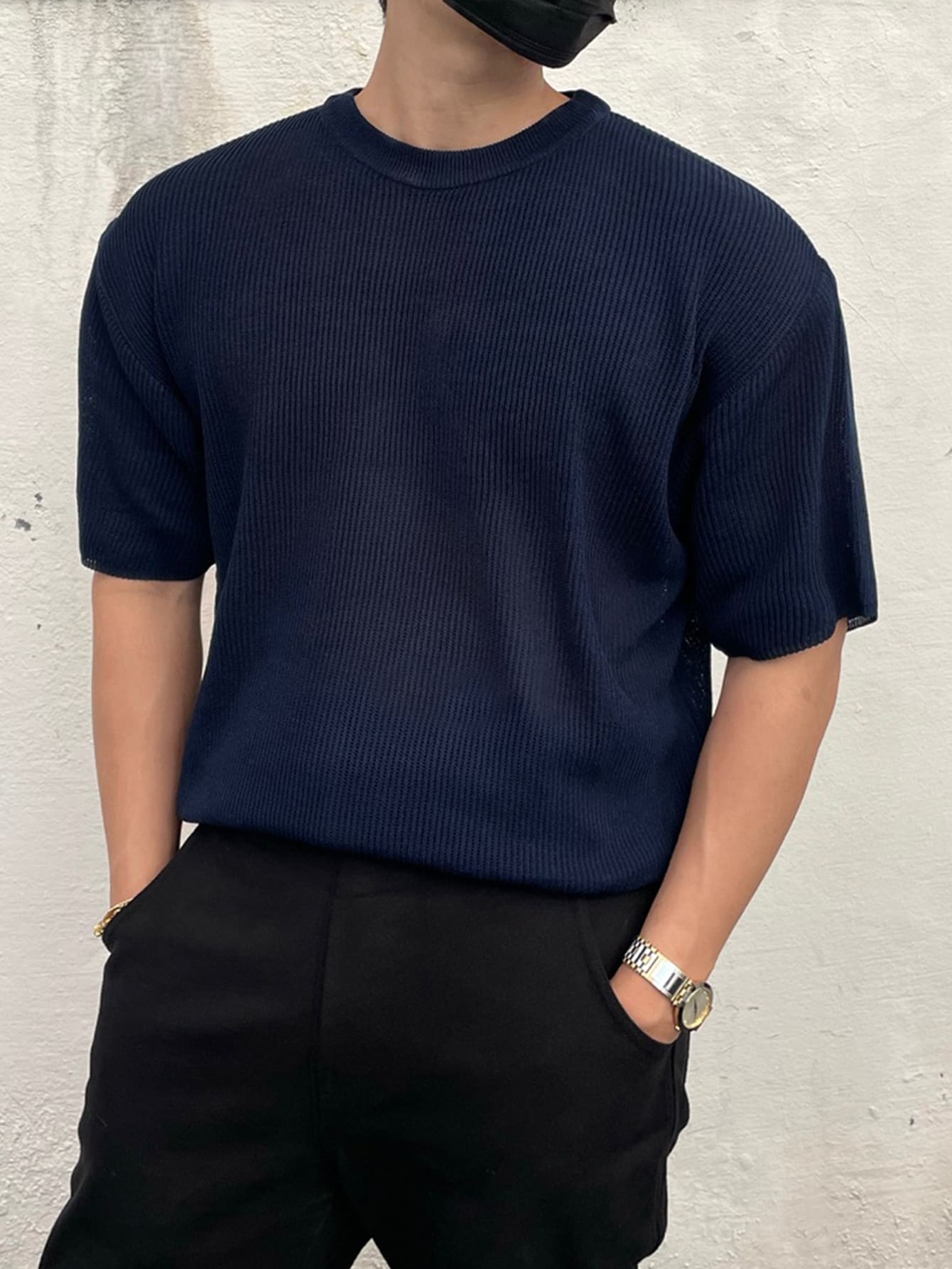 DAZY Men Solid Knit Top - Navy Blue - View 1