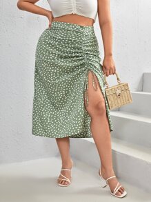 Dreamara Plus Allover Print Drawstring Split Thigh Skirt - Mint Green - View 1