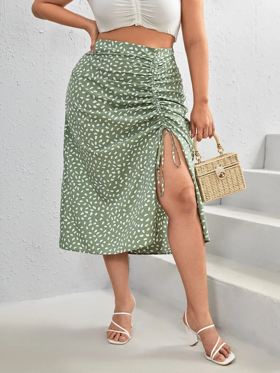 Dreamara Plus Allover Print Drawstring Split Thigh Skirt - Mint Green - View 1