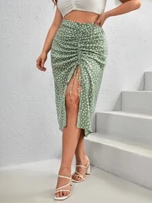 Dreamara Plus Allover Print Drawstring Split Thigh Skirt - Mint Green - View 3