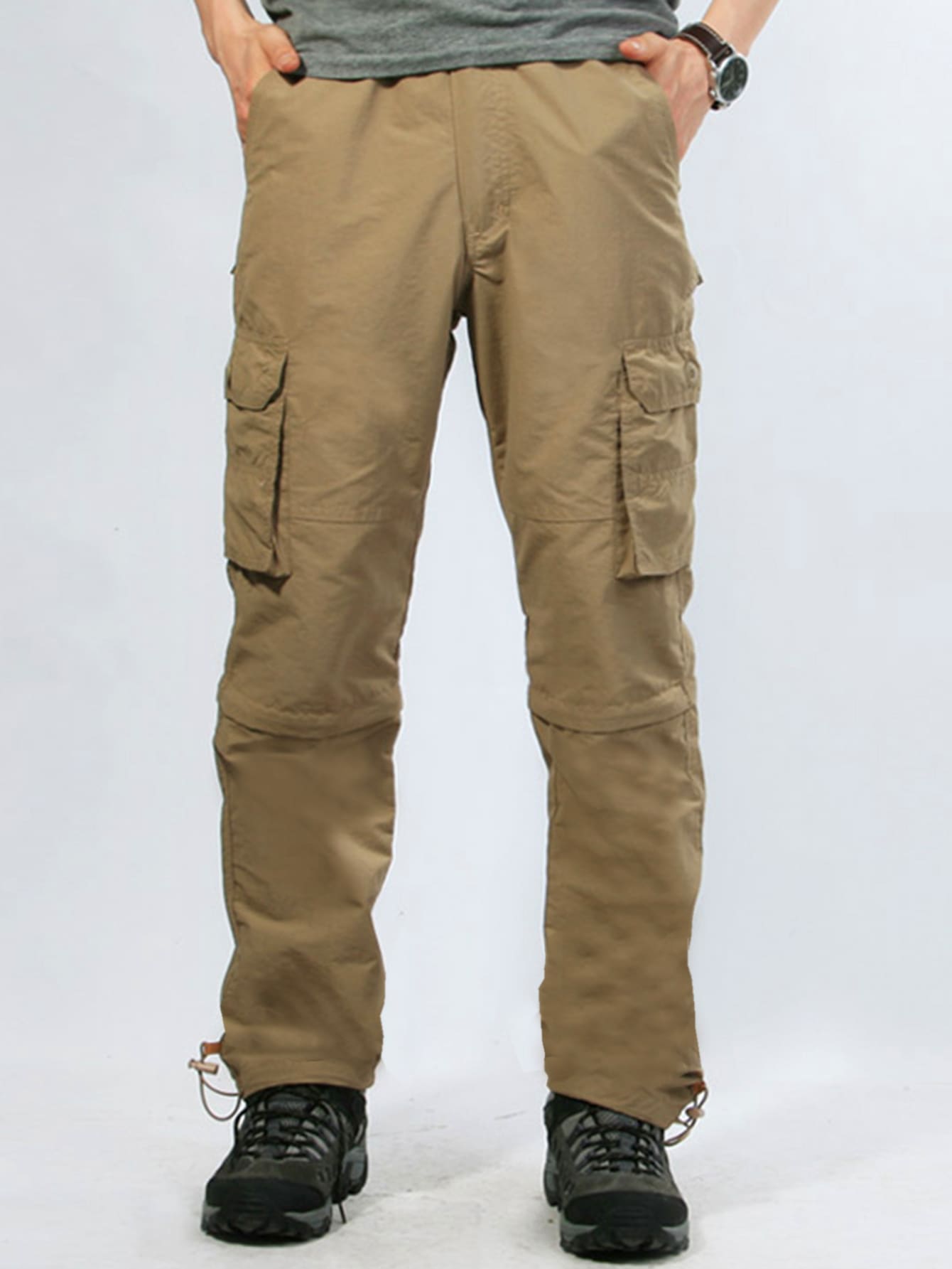 Men Flap Pocket Side Drawstring Waist Cargo Trousers - Khaki - View 1