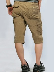 Men Flap Pocket Side Drawstring Waist Cargo Trousers - Khaki - View 2