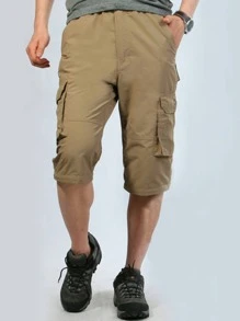 Men Flap Pocket Side Drawstring Waist Cargo Trousers - Khaki - View 3