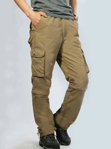 Men Flap Pocket Side Drawstring Waist Cargo Trousers - Khaki - View 4
